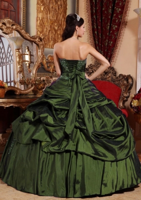 Olive Green Strapless Taffeta Discount Quinceanera Dress with Beading