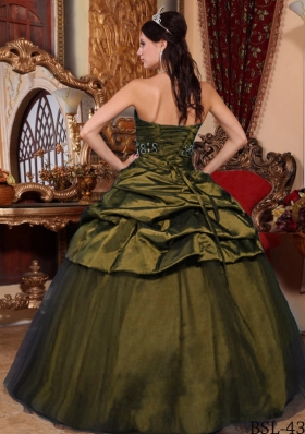 Olive Green Strapless Tulle and Taffeta Beading and Pick-ups Dresses For a Quince