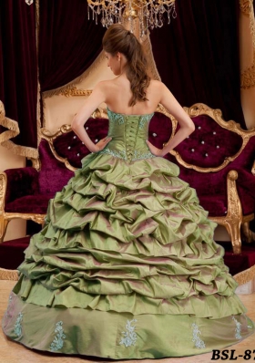 Olive Green Sweetheart Appliques Sweet Sixteen Dresses with Pick-ups