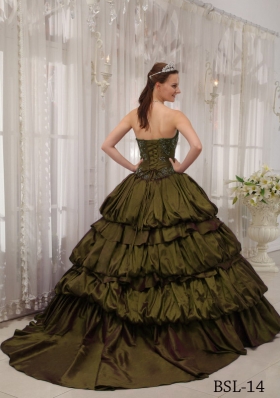 Olive Green Sweetheart Court Train Sweet 16 Dresses with Pick-ups and Appliques