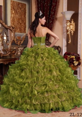 Olive Green Sweetheart Organza Quinceanera Dress with Ruffles and Beading