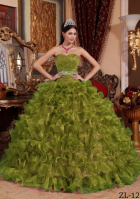 Olive Green Sweetheart Organza Quinceanera Dress with Ruffles and Beading