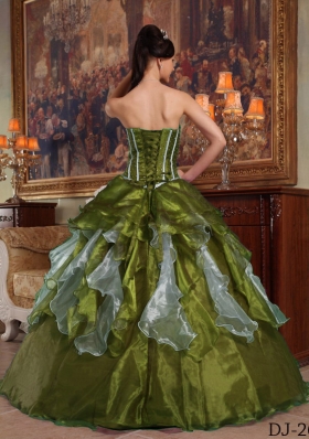 Olive Green Sweetheart Organza Sweet Sixteen Dresses with Ruffles and Beading