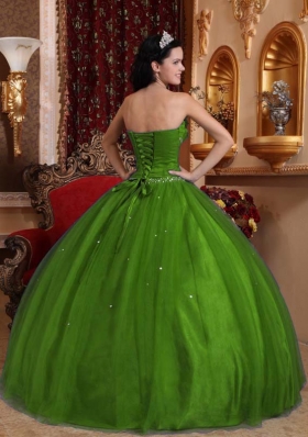 Olive Green Sweetheart Tulle Quinceaneras Dress with Beading and Flowers