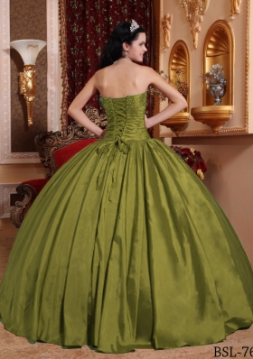 Puffy Strapless Taffeta Beading Olive Green Dresses For a Quince