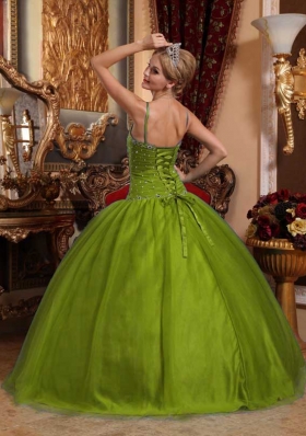 Spaghetti Straps Tulle Beading Olive Green Dresses For a Quinceanera