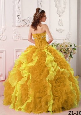 2014 Classical Gold Puffy Sweetheart Beading Quinceanera Dress with Appliques