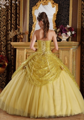 2014 Gold Puffy Sweetheart Sequines Quinceanera Dress with Handle Flowers