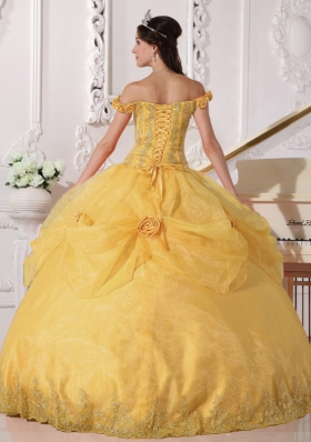 2014 Golden Off The Shoulder  Appliques Quinceanera Dress with Hand Made Flowers