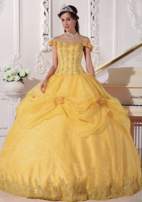 2014 Golden Off The Shoulder  Appliques Quinceanera Dress with Hand Made Flowers