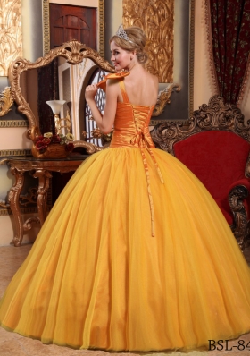 2014 Golden Puffy One Shoulder Beading Quinceanera Dress with Bow