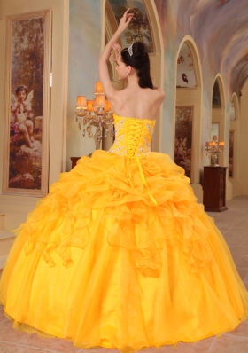 2014 Golden Puffy Sweetheart Appliques and Pick-ups Quinceanera Dress with Hand Made Flower