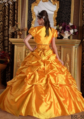 2014 Gorgeous Gold Puffy Sweetheart Appliques Quinceanera Dress with Pick-ups