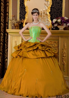 2014 Orange Puffy Strapless Appliques Taffeta Quinceanera Dress with Beading