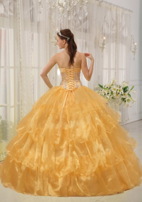 2014 Orange Puffy Strapless Beading and Hand Made Flower Quinceanera Dress with Ruffled Layers