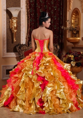 2014 Pretty Colourful Puffy Strapless Embroidery Gold Quinceanera Dress with Ruffles