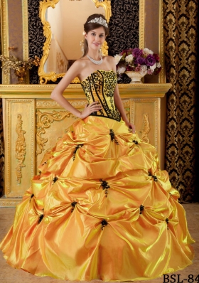 Orange Puffy Strapless Embroidery 2014 Quinceanera Dress with Pick-ups