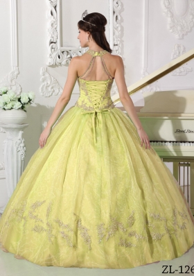 Romantic Yellow Puffy Halter Appliques Quinceanera Dress for 2014