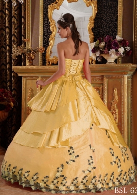 Yellow Ball Gown Sweetheart Appliques 2014 Quinceanera Dress with Beading