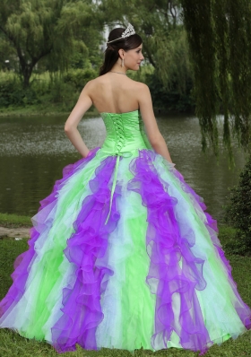 2014 Colorful Sweetheart Beaded Quincenaera Dresses With Ruffle Layers