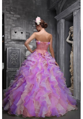 2014 Lovely Strapless Ruffles and Hand Made Flowers Multi-color Quinceanera Dresses