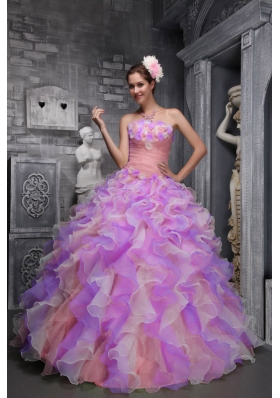 2014 Lovely Strapless Ruffles and Hand Made Flowers Multi-color Quinceanera Dresses