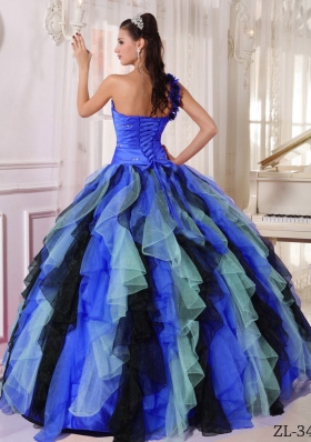 2014 New Multi-colored One Shoulder Beading and Ruffles Quinceanera Dresses