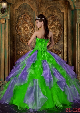 2014 Spring Green Puffy Strapless Beading and Ruffles Quinceanera Dresses