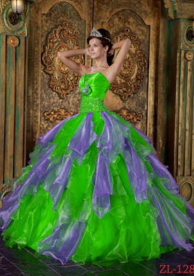 2014 Spring Green Puffy Strapless Beading and Ruffles Quinceanera Dresses