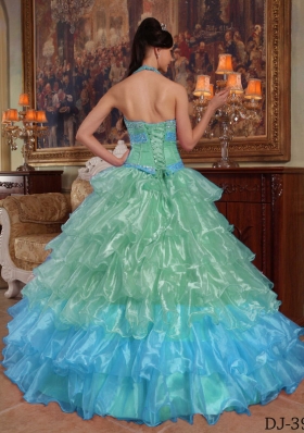 Apple Green Puffy Halter 2014 Beading Quinceanera Dresses with Ruffles