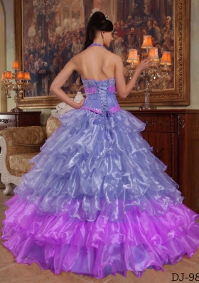 Modest Puffy Halter 2014 Beading Quinceanera Dresses with Ruffled Layers