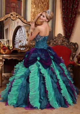 Multi-color Puffy Strapless Appliques and Beading Quinceanera Gowns for 2014