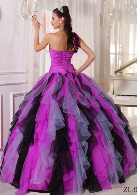 Multi-colored Puffy One Shoulder Beading and Ruffles Quinceanera Dresses for 2014