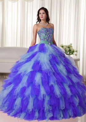 2014 Appliques Puffy Strapless Quinceanera Dresses in Multi-color