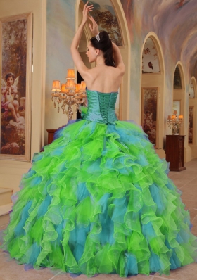 2014 Colorful Puffy Sweetheart Ruffles Quinceanera Dress