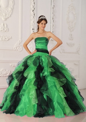 2014 Lovely Multi-color Puffy Strapless Appliques and Ruffles Quinceanera Dress