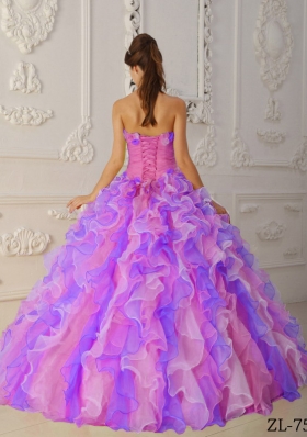 2014 Popular Multi-Color Puffy Strapless Hand Flowers and Ruffles Quinceanera Dresses