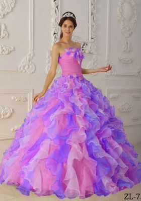 2014 Popular Multi-Color Puffy Strapless Hand Flowers and Ruffles Quinceanera Dresses