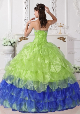 Colorful Puffy Strapless 2014 Appliques Quinceanera Dress with Ruffled Layers