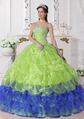 Colorful Puffy Strapless 2014 Appliques Quinceanera Dress with Ruffled Layers