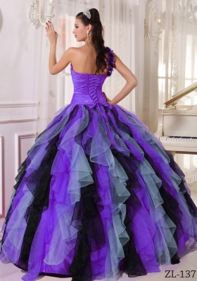 Puffy One Shoulder Beading and Ruffles 2014 Quinceanera Dresses in Multi-colored