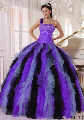 Puffy One Shoulder Beading and Ruffles 2014 Quinceanera Dresses in Multi-colored