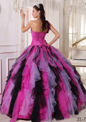 Puffy One Shoulder Beading and Ruffles 2014 Quinceanera Dresses with Multi-colored