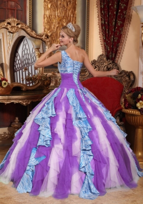 Sweet Multi-color Puffy One Shoulder 2014 Ruffles Quinceanera Dresses