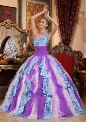 Sweet Multi-color Puffy One Shoulder 2014 Ruffles Quinceanera Dresses