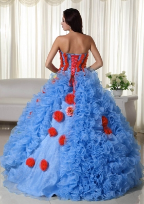 2014 Aqua Puffy Strapless Long Quinceanera Dresses with Beading