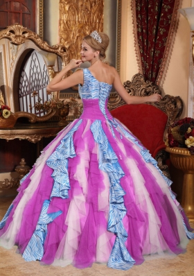 Multi-color Puffy One Shoulder 2014 Ruffles Quinceanera Dress for Custom Made