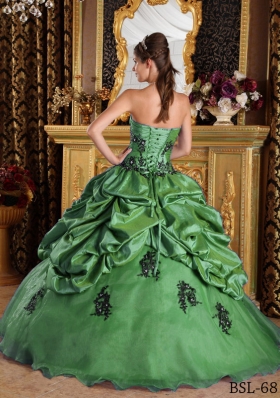 2014 Green Princess Strapless Appliques Quinceanera Dress with Pick-ups