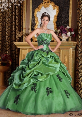 2014 Green Princess Strapless Appliques Quinceanera Dress with Pick-ups