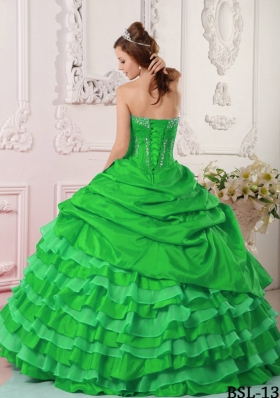 2014 Green Puffy Strapless with Pick-ups and Beading Quinceanera Dress